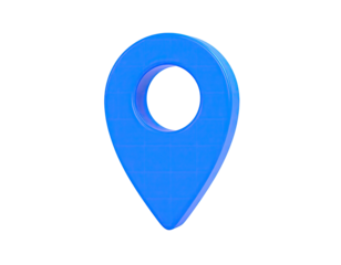 A 3D blue location pin icon against a pure black backdrop, with shading
