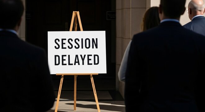 Session Delayed Sign on Easel with People Waiting Outside Building.