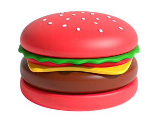 A vibrant, cartoonish burger featuring a bun, cheese, patty, and lettuce