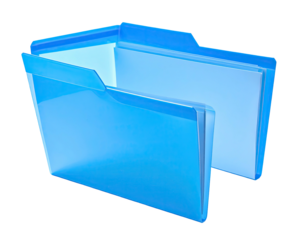 Digital representation of a blue translucent folder, slightly open with documents