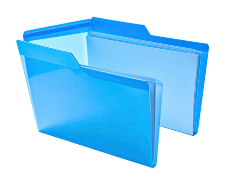 Digital representation of a blue translucent folder, slightly open with documents