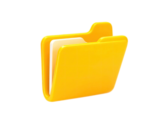 A glossy yellow open folder with documents inside against a pure black background
