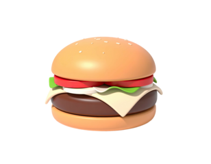 3D rendered hamburger on a black background, showing toppings and bun detail