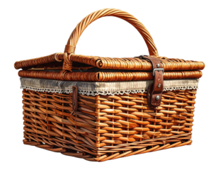 A wicker picnic basket with a handle and leather closure