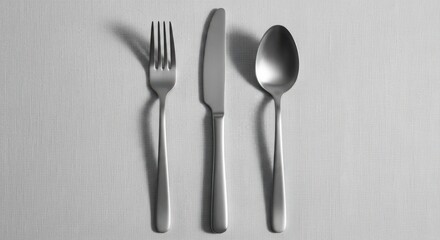 Silverware arrangement featuring a fork knife and spoon on a textured placemat close up top view
