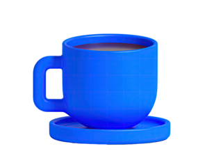 Vibrant blue 3D coffee mug with saucer against a black background