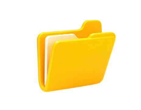 A glossy yellow open folder with documents inside against a pure black background