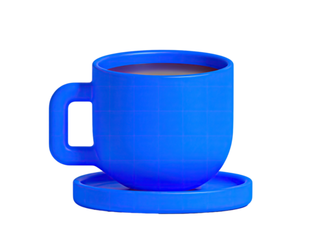 Vibrant blue 3D coffee mug with saucer against a black background