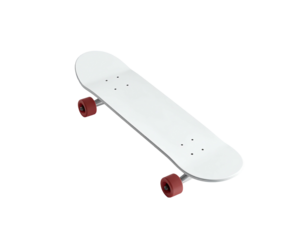 White skateboard angled on a black background, red wheels, clean minimalist design