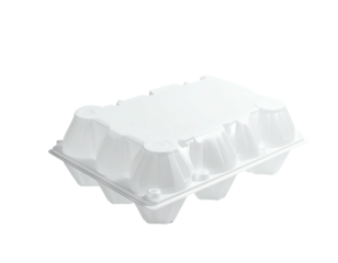 A white, closed six-egg container made of expanded polystyrene on a black background