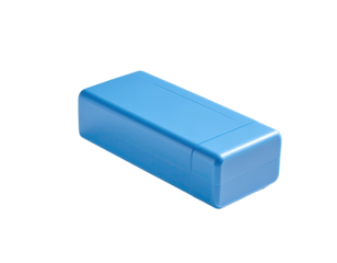 A closed blue rectangular box, with a glossy finish, isolated on a black background
