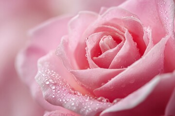 A close up of a pink rose with dew drops on it