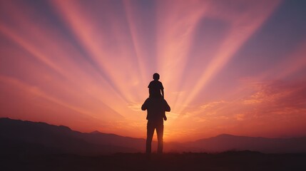 Silhouette of a person carrying a child on shoulders against a majestic, vibrant sunset sky radiating beams of light, creating a feeling of love and familial warmth in the outdoors.