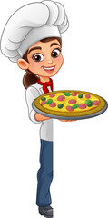 Smiling cartoon woman chef in uniform leaning from behind blank space and holding a pizza tray with toppings. Culinary mascot illustration for restaurant, Italian food, pizzeria and menu design.