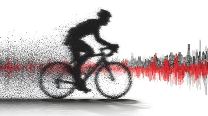 A silhouetted cyclist is depicted riding a bicycle against a bright white backdrop, with a visual representation of a city and a red waveform pattern, using a particle effect to create a dynamic look.