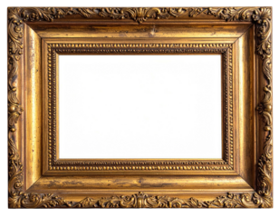 Ornate, rectangular, gilded picture frame against a black background, empty inside