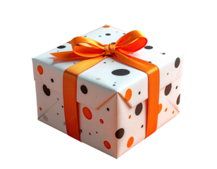 A wrapped gift box with a polka-dot pattern, tied with an orange ribbon and bow