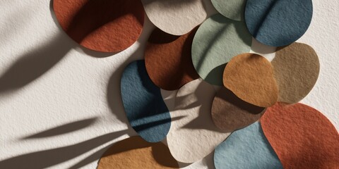 Background of an abstract organic application with cut-out felt shapes, contrast shadows,  textured surface. Handmade collage  in warm earthy tones, perfect for backdrops and tactile motion design.