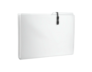 Glossy white file folder, clasped shut, with a shadowed, clean background