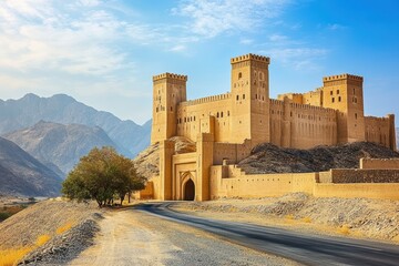 Middle eastern fortress beside road
