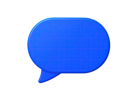 A vibrant, 3D speech bubble, blue with crosshatch, on a stark black background
