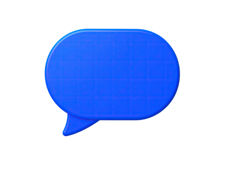 A vibrant, 3D speech bubble, blue with crosshatch, on a stark black background