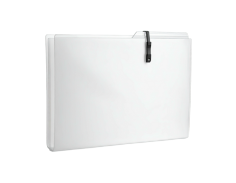 Glossy white file folder, clasped shut, with a shadowed, clean background