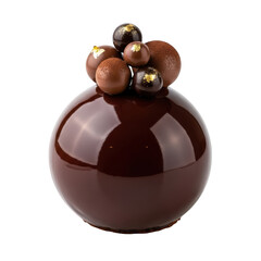A glossy dark chocolate sphere cake with small chocolate balls on top, isolated on transparent background