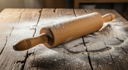 Rustic wooden rolling pin resting on a flour dusted wooden table surface preparing for baking