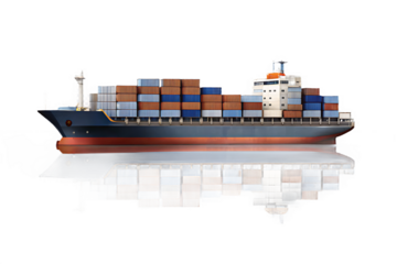 Cargo Ship, with reflection on dark water surface, cutout, PNG isolated on transparent background