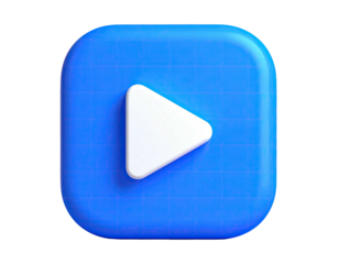 3D blue square with grid, white rounded triangle play button, black background