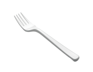 Isolated white eating utensil with tines and a long handle on a black background