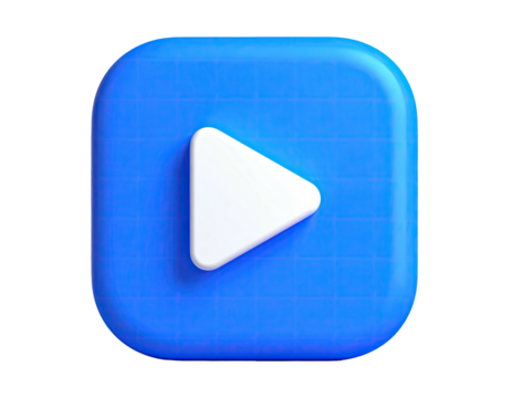 3D blue square with grid, white rounded triangle play button, black background