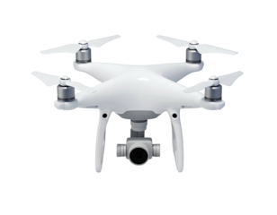 White quadcopter with four propellers, camera, and landing gear, on black