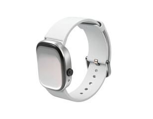 Modern smartwatch with white band, square face, and metal casing isolated on black