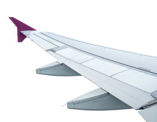 Airplane wing with a stylish wingtip against an overcast sky