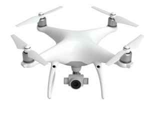 A white quadcopter drone with four propellers, camera, and landing gear