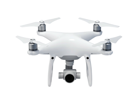 White quadcopter with four propellers, camera, and landing gear, on black