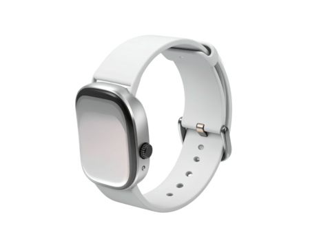 Modern smartwatch with white band, square face, and metal casing isolated on black