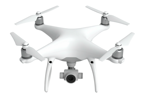 A white quadcopter drone with four propellers, camera, and landing gear