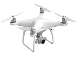 White aerial vehicle with propellers and camera, isolated on black backdrop