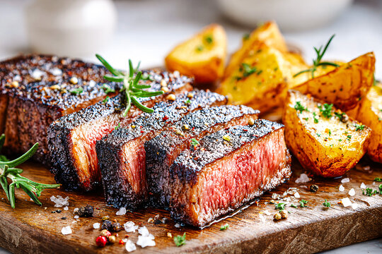 R&ocirc;ti de b&oelig;uf coup&eacute; en tranches et pr&eacute;sent&eacute; sur une planche en bois avec des pommes de terre rissol&eacute;es