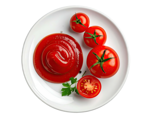 Top-down view of a white plate with tomato sauce, tomatoes, and parsley