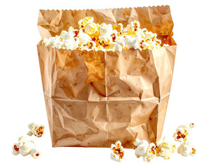 A brown paper bag brimming with popcorn, kernels scattered below