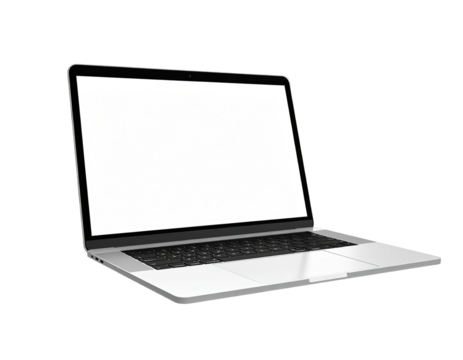 A modern laptop with a bright white screen and silver exterior, floating