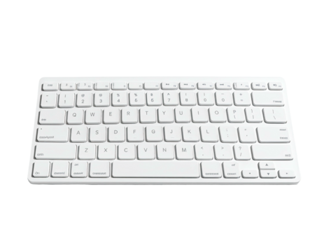 Angled view of a wireless, white keyboard with a sleek, minimalist design on black