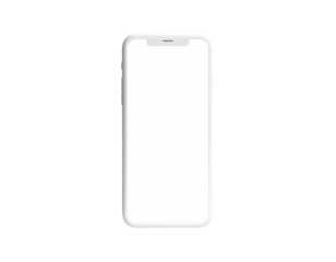 A front-facing, modern mobile phone with a blank white screen, in a black void