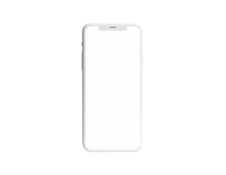 A front-facing, modern mobile phone with a blank white screen, in a black void