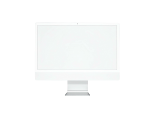 Front view of a white, minimalist all-in-one desktop computer with bright screen