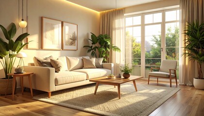 Beige sofa living room with rug, wooden table, plants, warm light